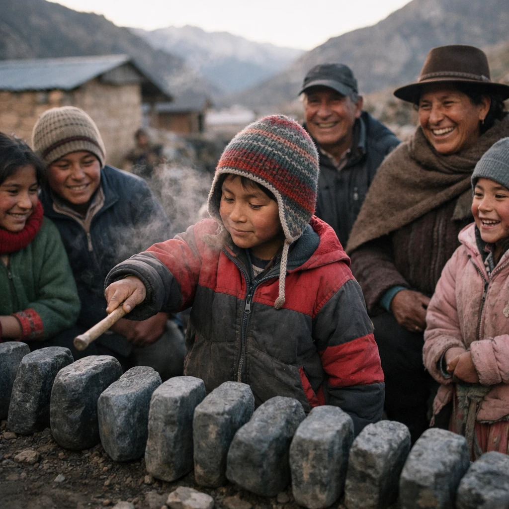 山間の寒い朝、玄武岩を並べて叩く子どもと微笑む大人たちが集まっている様子の写真。