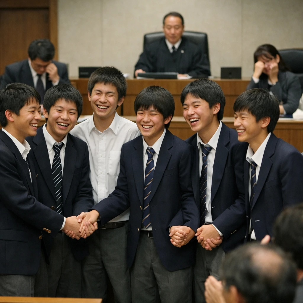 日本の法廷中央で手をつなぎ、笑顔を見せる6人の男子中学生と感動する大人たちの様子。