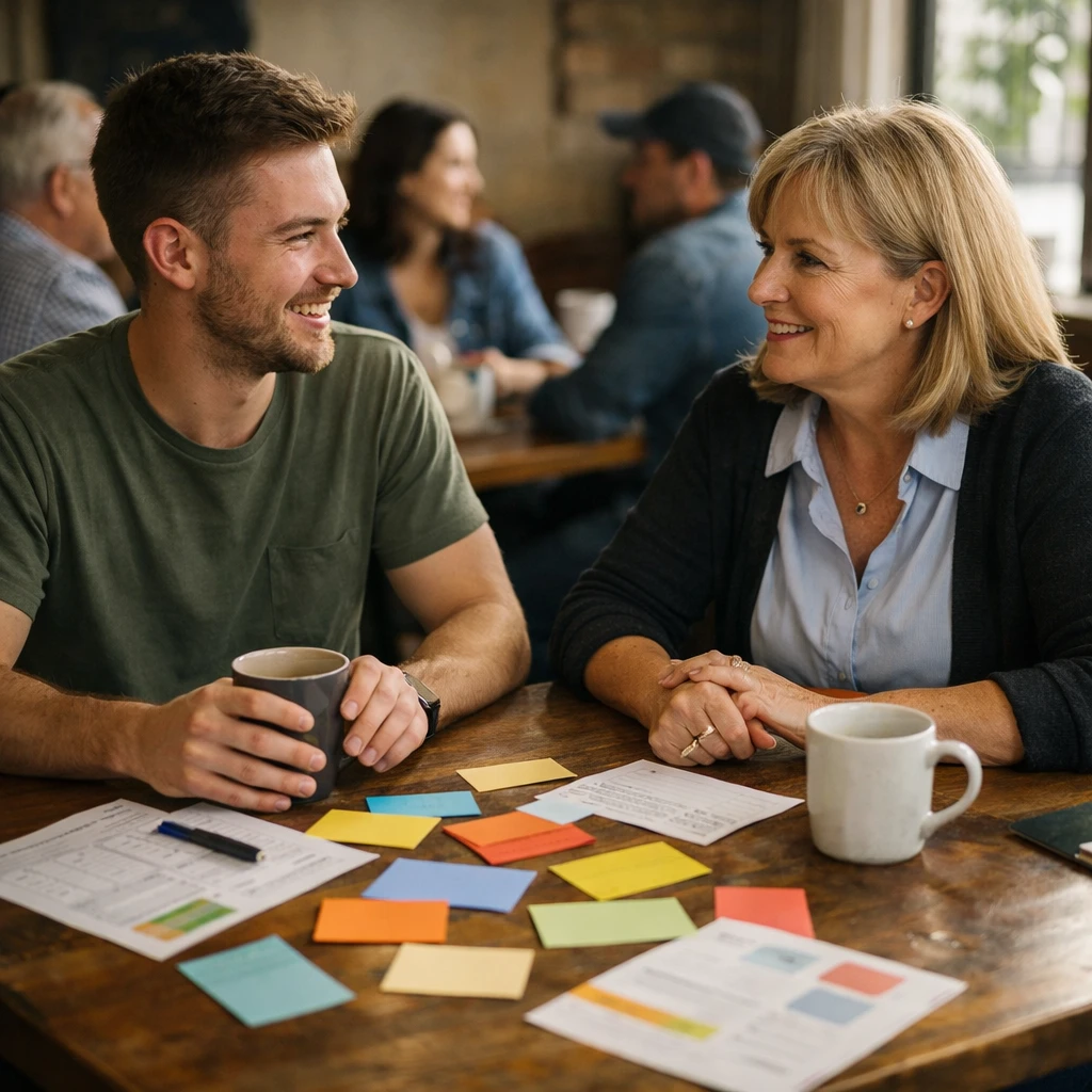 カフェの木製テーブルで多世代の人々が助言カードやワークシートを囲み会話する朝の店内風景。