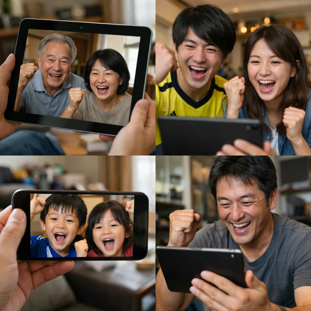 それぞれ別の国の自宅でスマートフォンやタブレット越しに一緒にサッカー観戦を楽しむ日本人家族が笑顔で応援している様子。