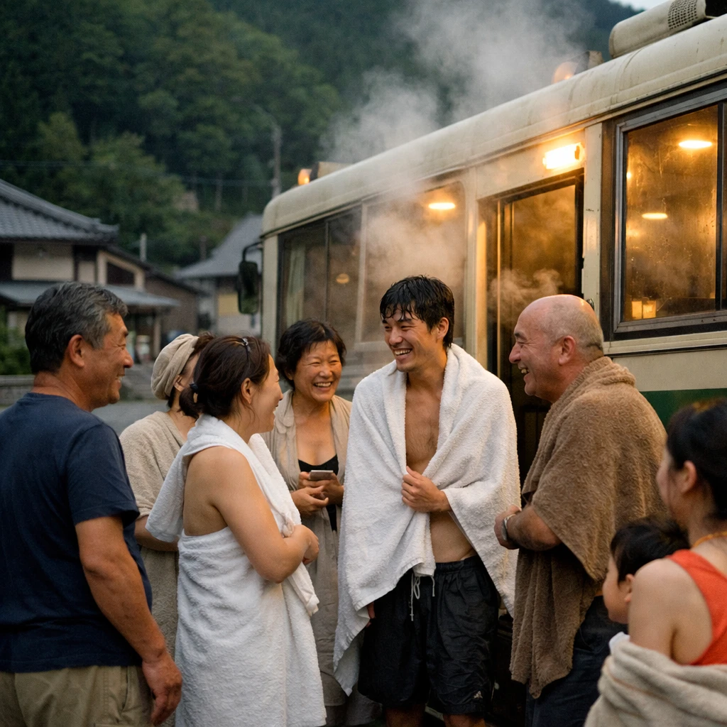 地方の町の広場に停車したサウナバスのまわりで、タオル姿の人々が笑顔で集まっている様子の写真。