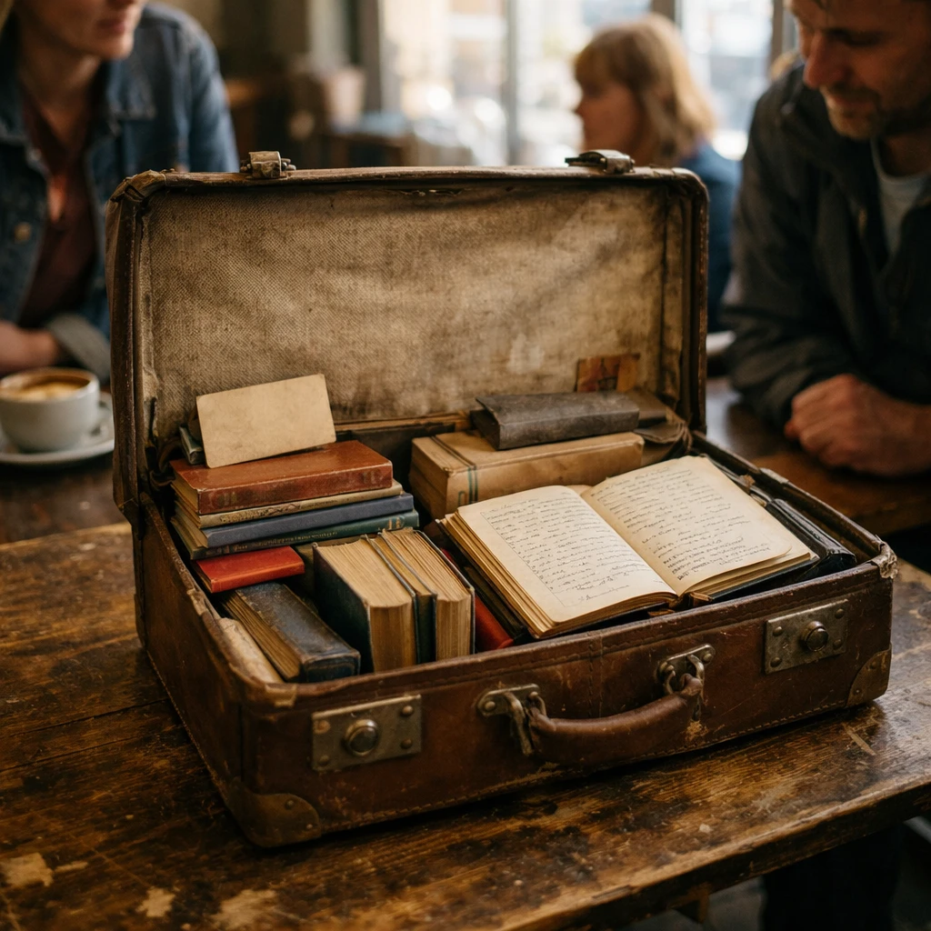 山間のカフェの木のテーブルの上で本やノートがぎっしり詰まったトランクが開かれ、周りに数人の客が興味深そうに集まっている様子。