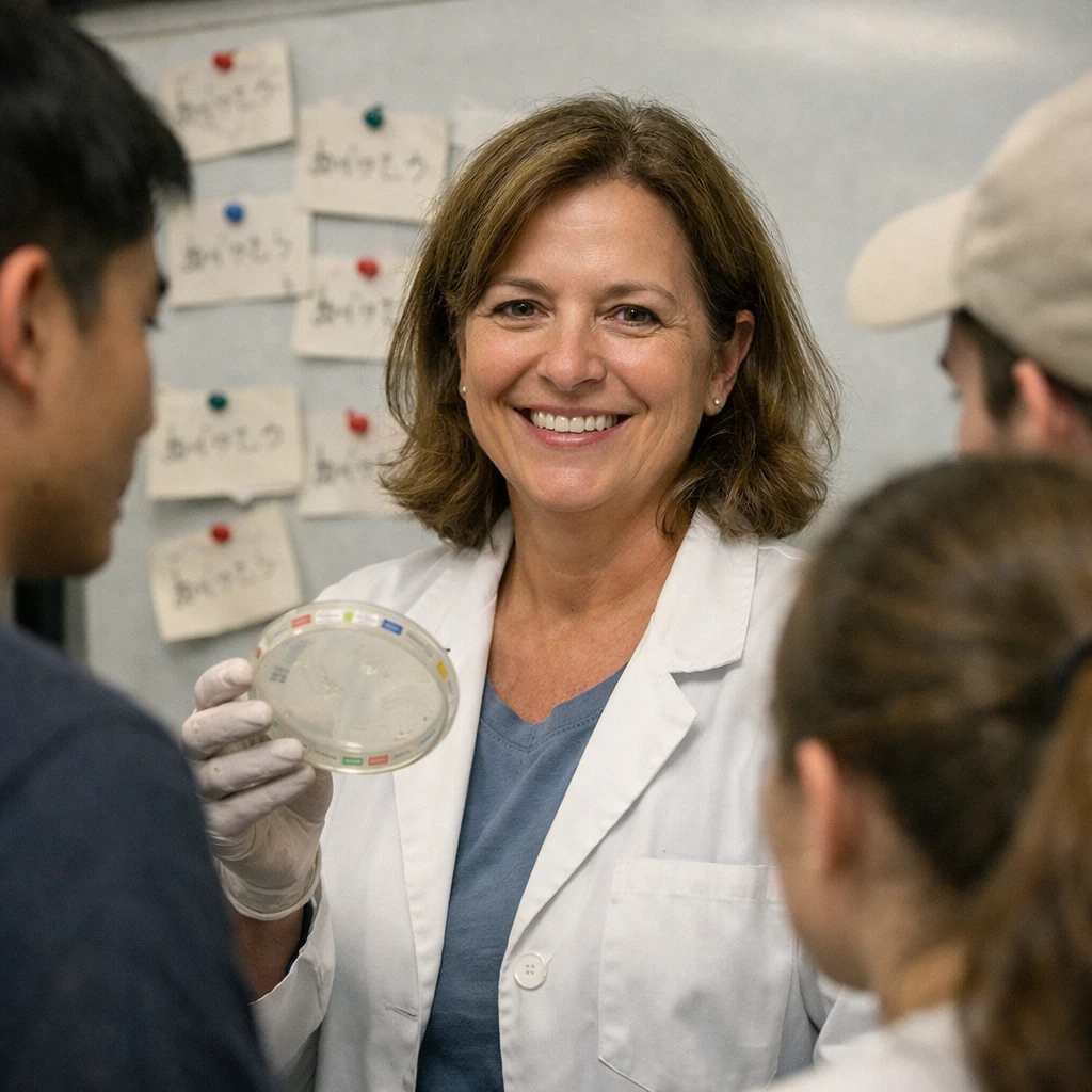 研究室で微笑みながら培養皿を持つ女性教授と、背景に「ありがとう」と書かれたメモが貼られたホワイトボードの様子。