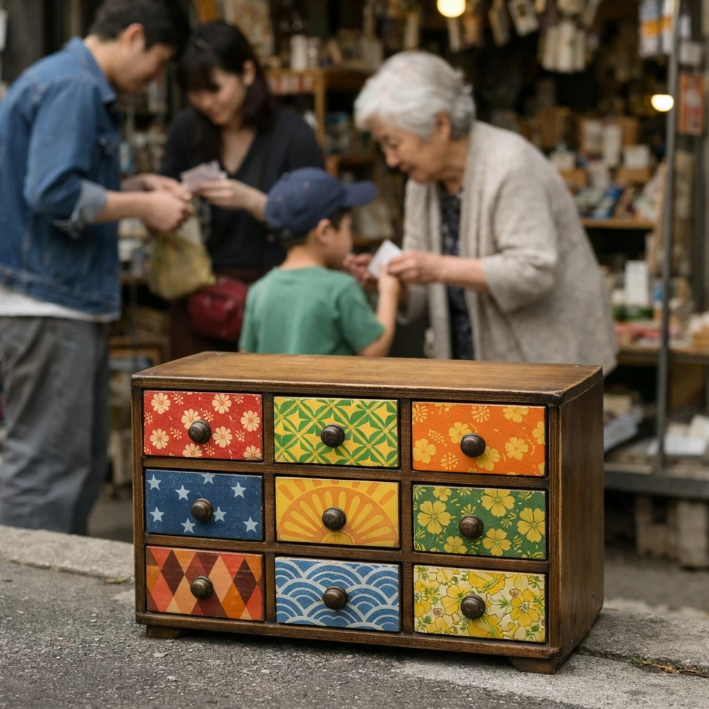 レトロ柄の引き出し箱と周囲に集う親子や高齢者など町の人々が、店先で雑貨や手紙を交換している様子の写真。