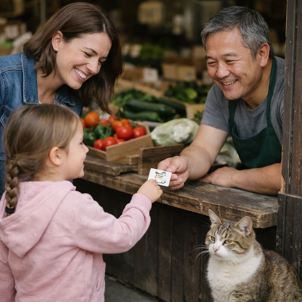 八百屋で猫デザインのカードを手にする親子と店先にいる猫の自然な笑顔の光景。