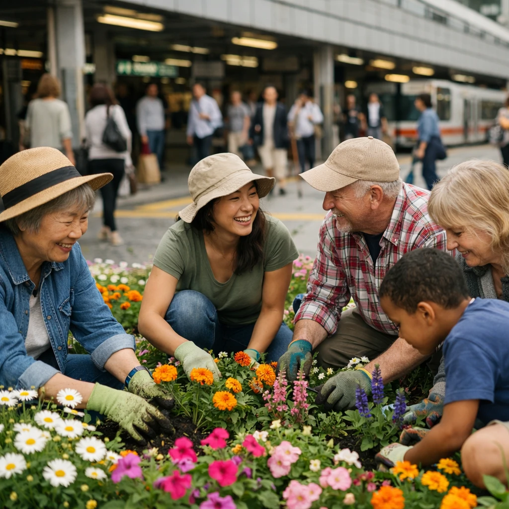 駅前の花壇で色とりどりの花を手入れする老若男女が笑顔で談笑している様子の写真。