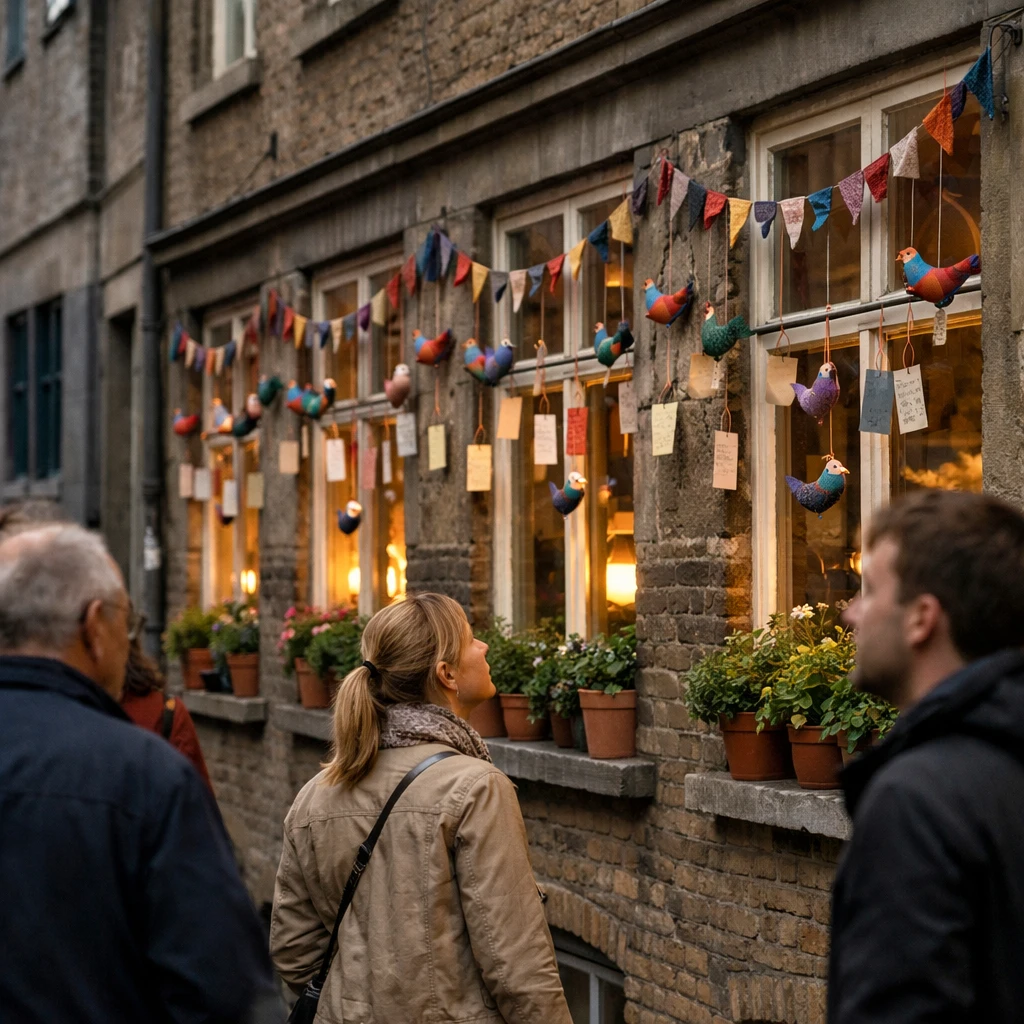 カラフルな布や観葉植物、手作りの旗が飾られた街並みの窓辺と、夕方の柔らかな光の中で窓を見上げる人々の様子。