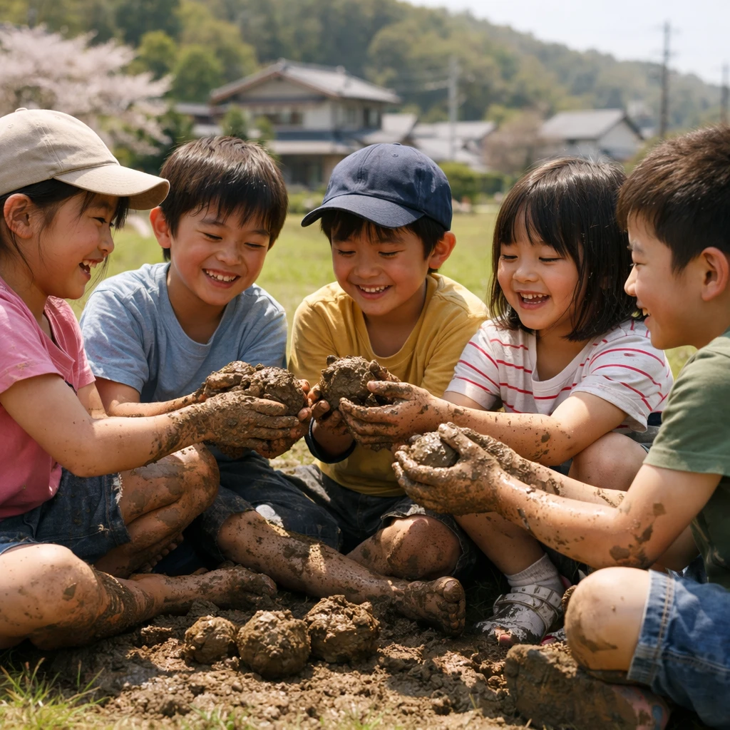 春の日差しの下、草地で泥遊びを楽しむ小学生たちが笑顔で泥団子を作っている光景。