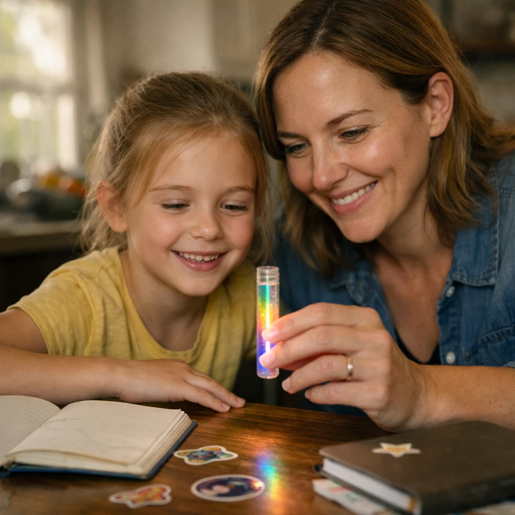 自宅のテーブルで母親と幼い娘が虹色に光る試験管を微笑みながら観察している様子の写真。