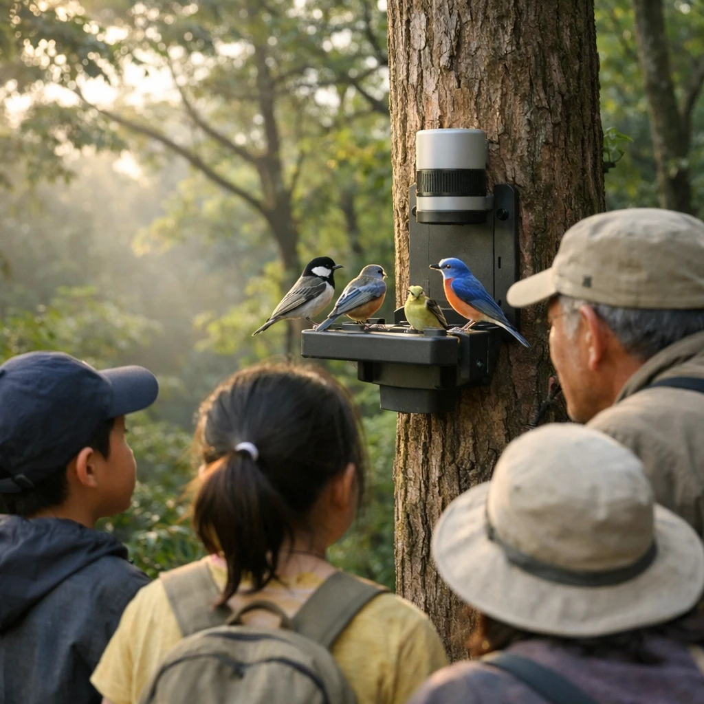 日本の森で、大人と子どもがセンサー付きの木に集まり、野鳥を静かに見守っている朝の風景。