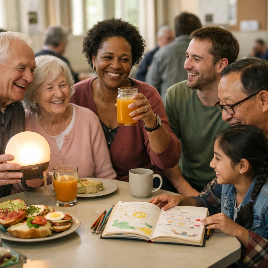 公民館のテーブルを囲み、年齢や世代を超えた住民たちが朝のルーティンを紹介し合いながら笑顔を見せている様子。