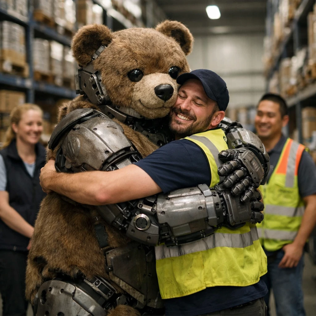 熊型のロボットが倉庫の中央で笑顔のスタッフをやさしく抱きしめている様子。