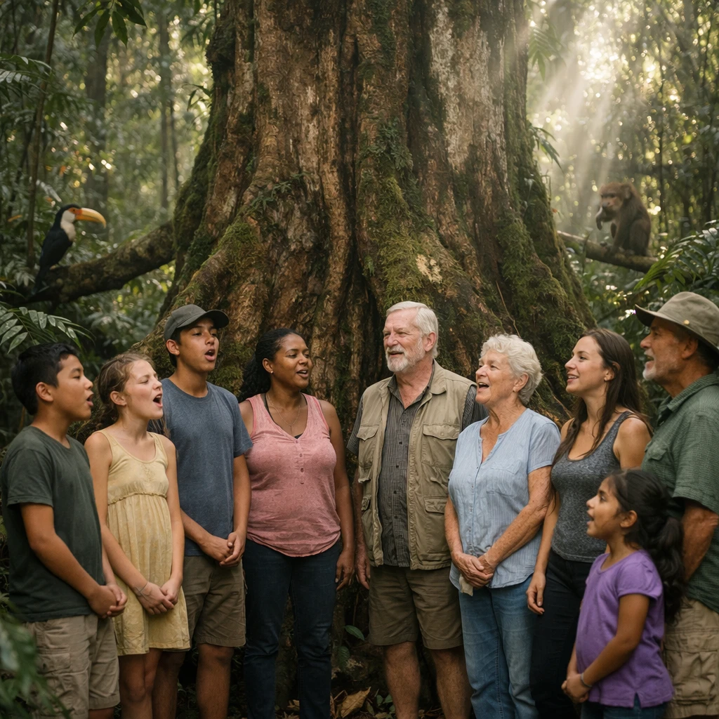 熱帯雨林の中で古木を囲んで歌う人々の一瞬を捉えた写真です。