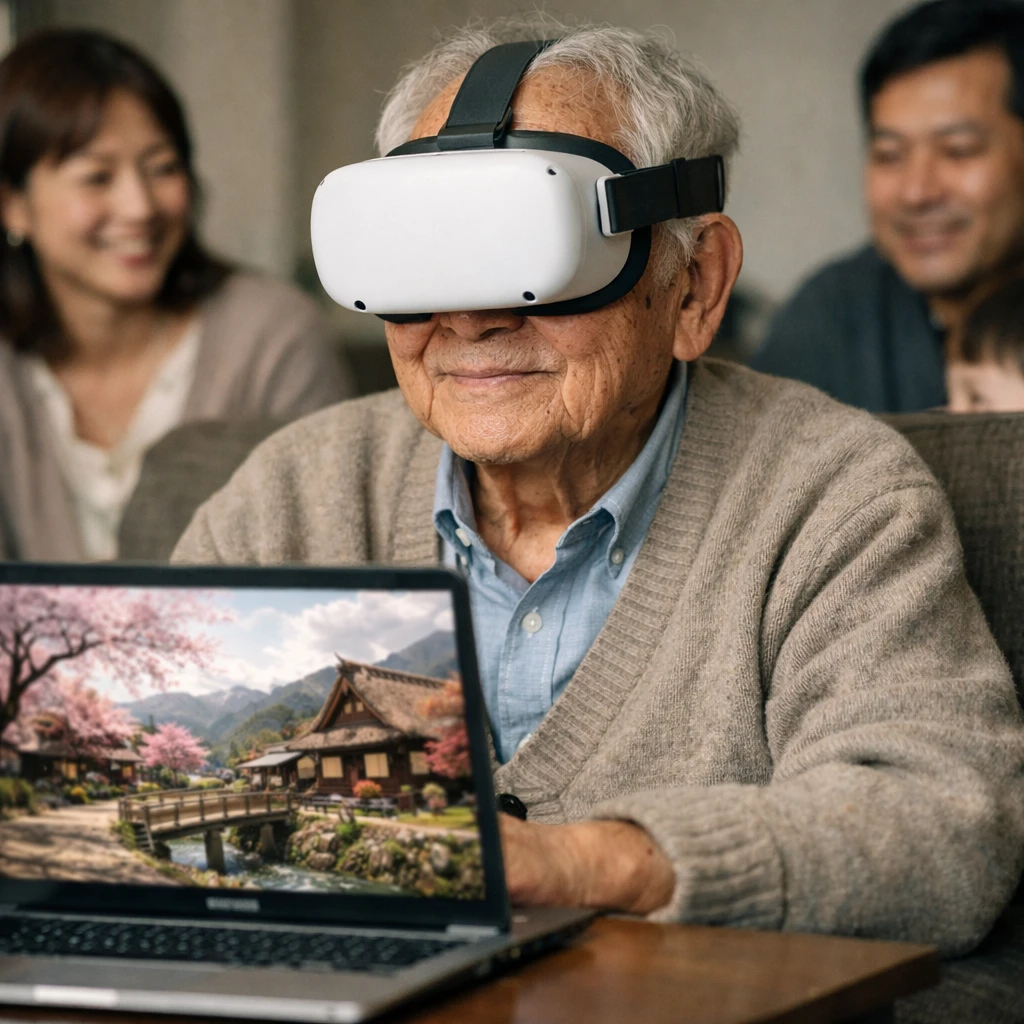 高齢の男性がリビングでVRゴーグルを着け、家族に見守られながらデジタル村の風景を体験している様子。