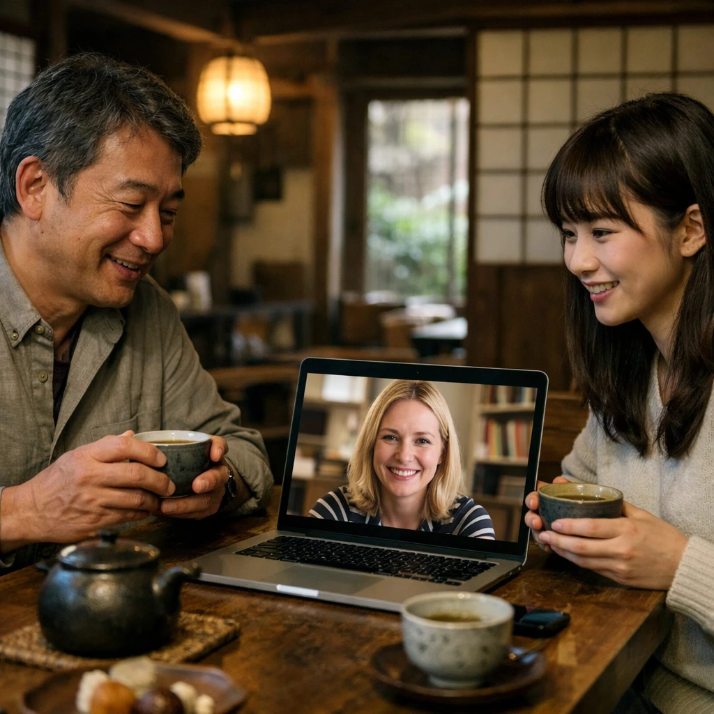 日本の伝統的な茶店の店内で、テーブルを囲みオンライン通話を通じて多国籍の人々が一緒にお茶を楽しむ様子。