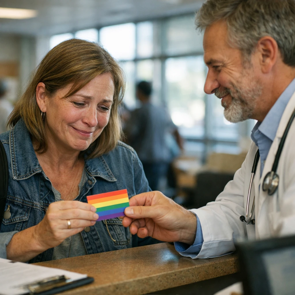 病院の窓口で中年女性が虹色のカードを医師から手渡され、ほっとした表情で涙ぐんでいる様子の写真。