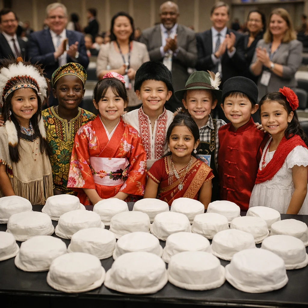 国際会議場で各国の子どもたちが白い帽子を前に並び、大人たちが見守っている様子の写真。