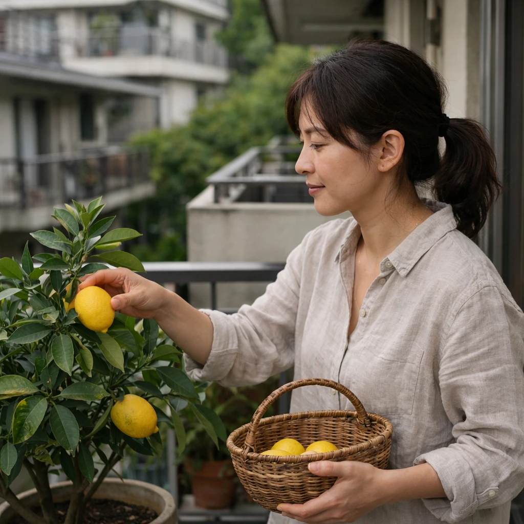 住宅街の集合住宅のベランダで女性がレモンの実を収穫している様子の写真。