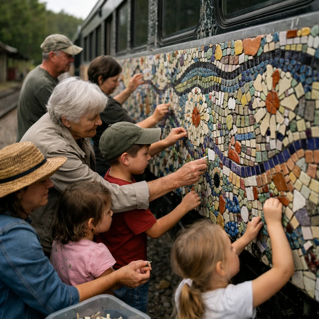 再利用素材で彩られた列車の外側に、地元の子どもから高齢者までが協力してモザイクピースを貼っている様子のリアルな写真。