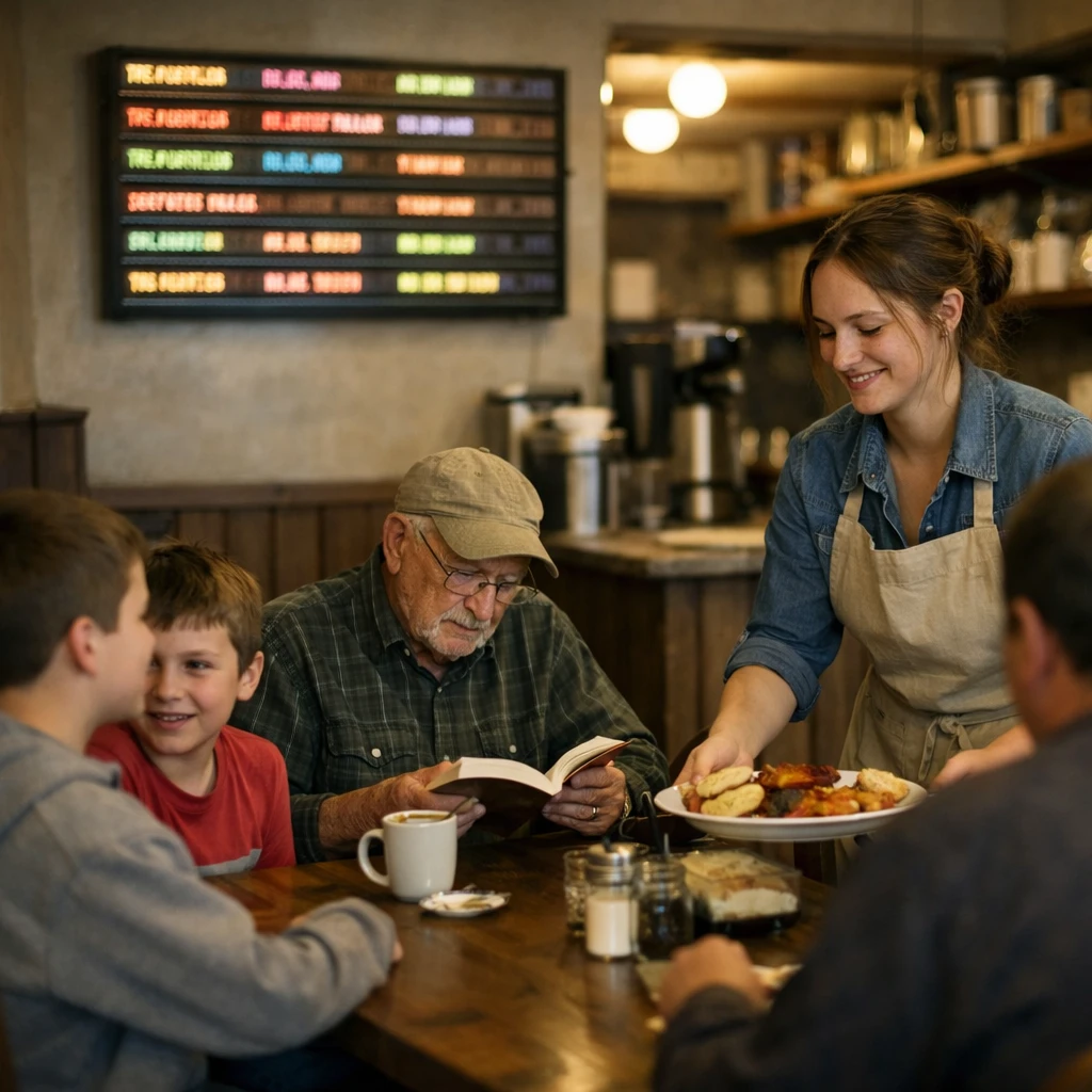 地方の空き店舗を改装した温かみのあるカフェで、人々が思い思いに過ごしている様子の写真。