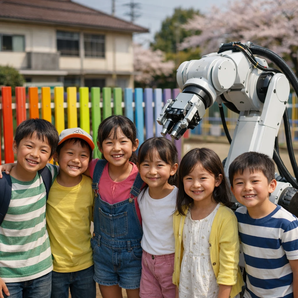 小学校の校庭で、子どもたちと最新型ロボットアームが虹色フェンスの前に並ぶ光景。
