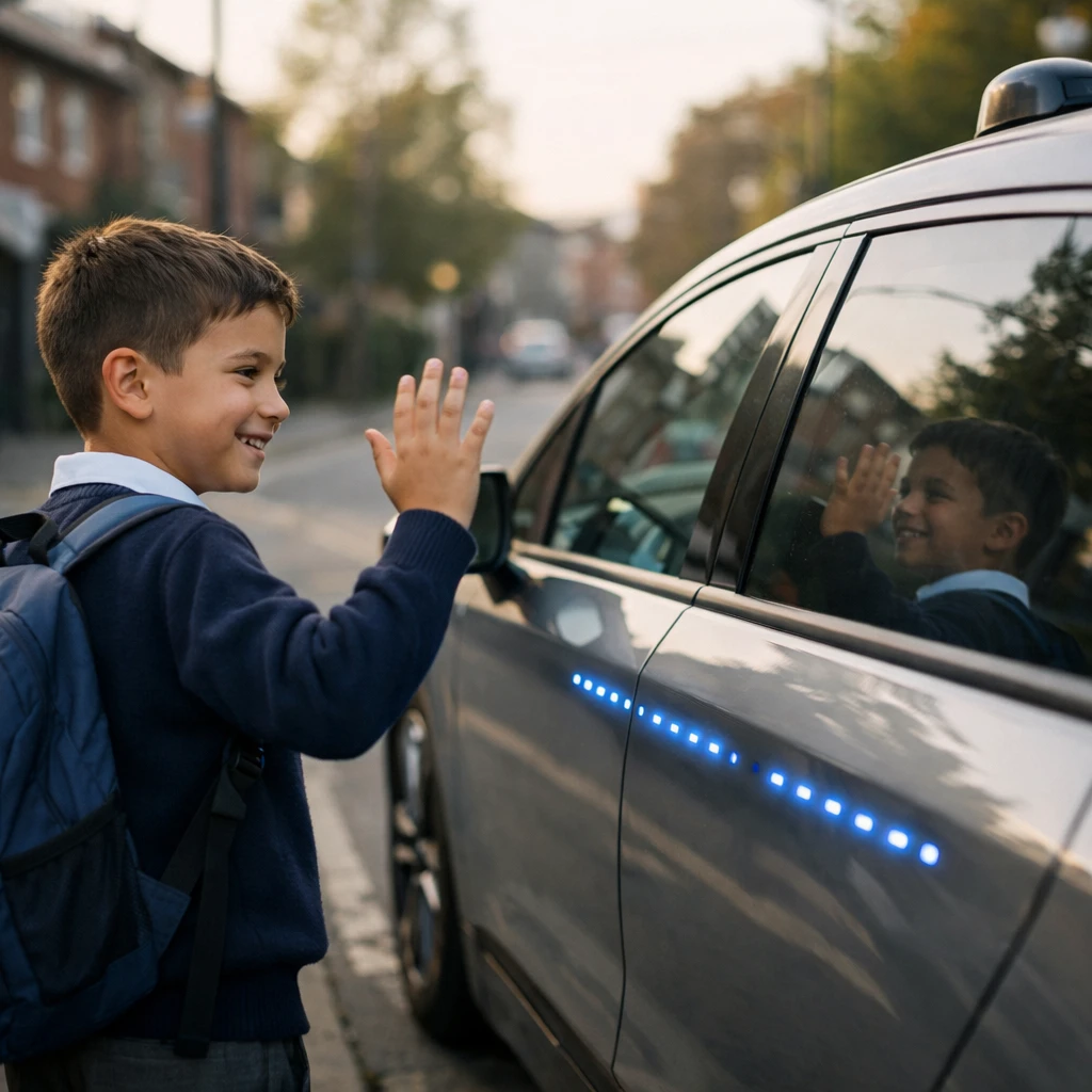 登校中の小学生の男の子が朝の町で自動運転車に手を振り、LEDライトが点滅して返事をしている光景。