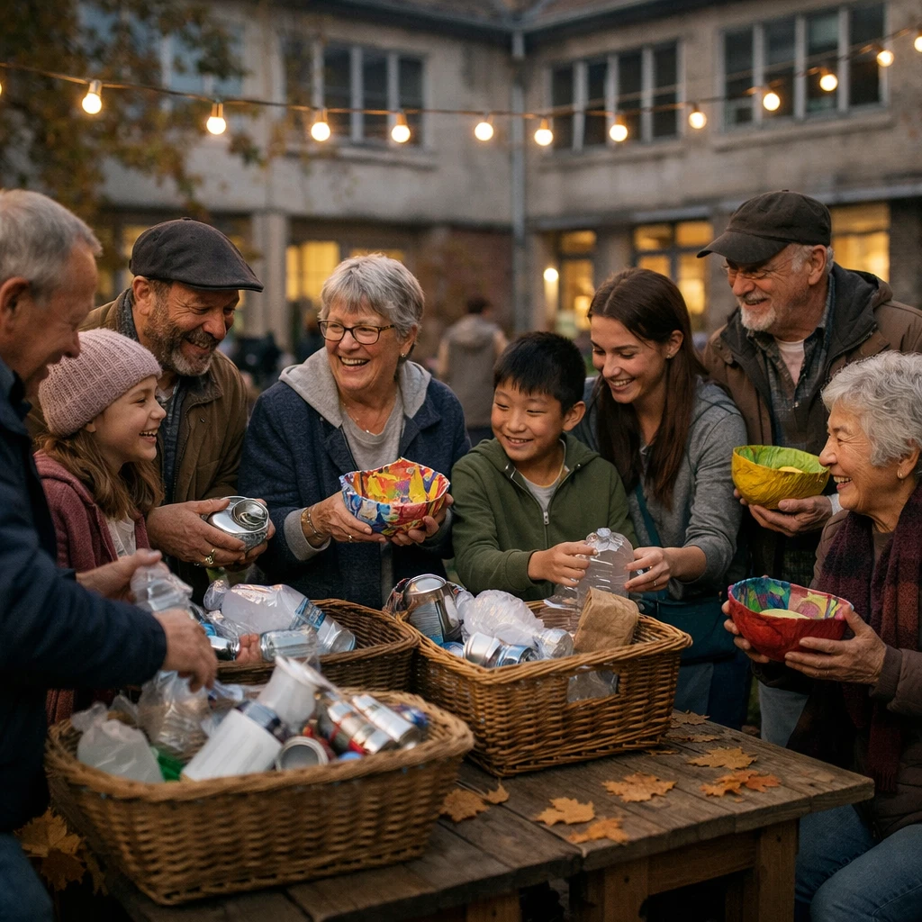 旧校庭の中庭で地元住民がリユース用バスケットにごみを分別しながら笑顔で交流している様子。