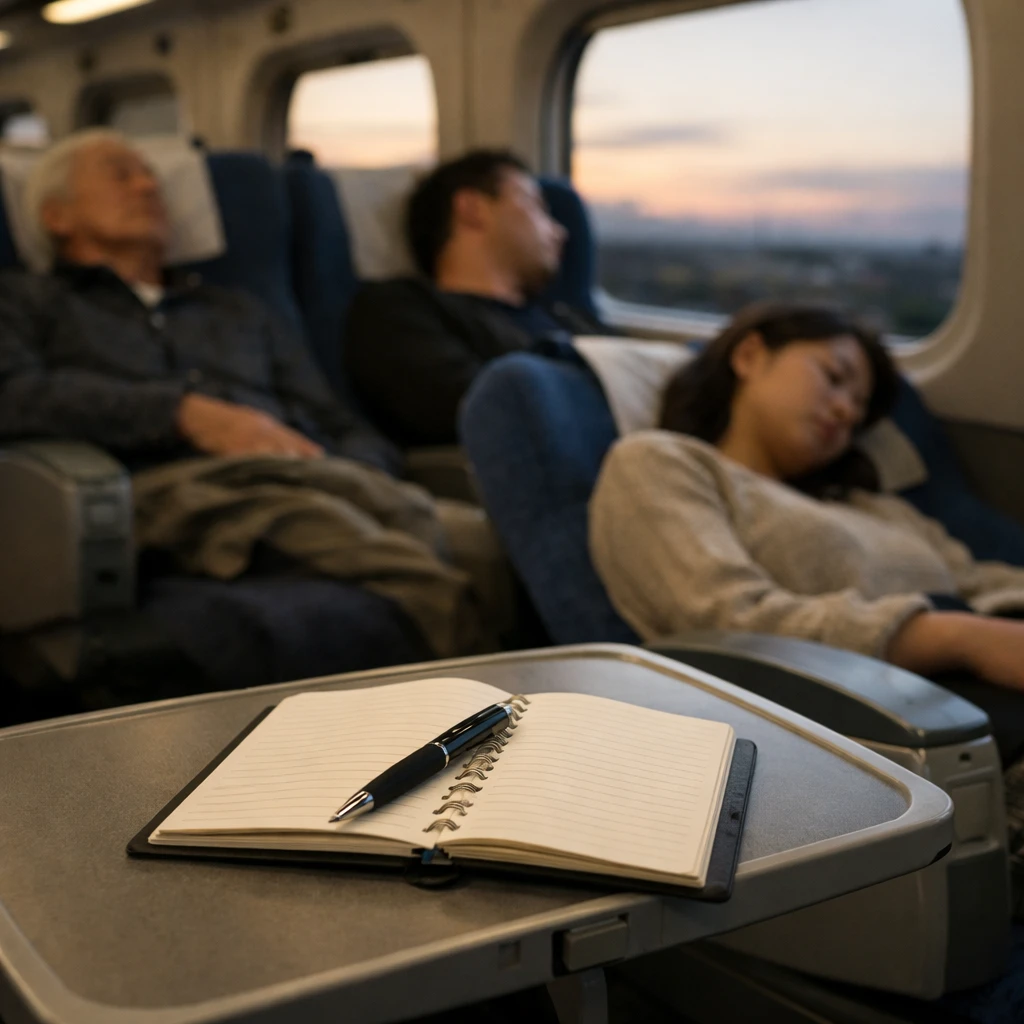 新幹線の車内でリラックスした乗客とテーブル上の交換ノートがある光景。
