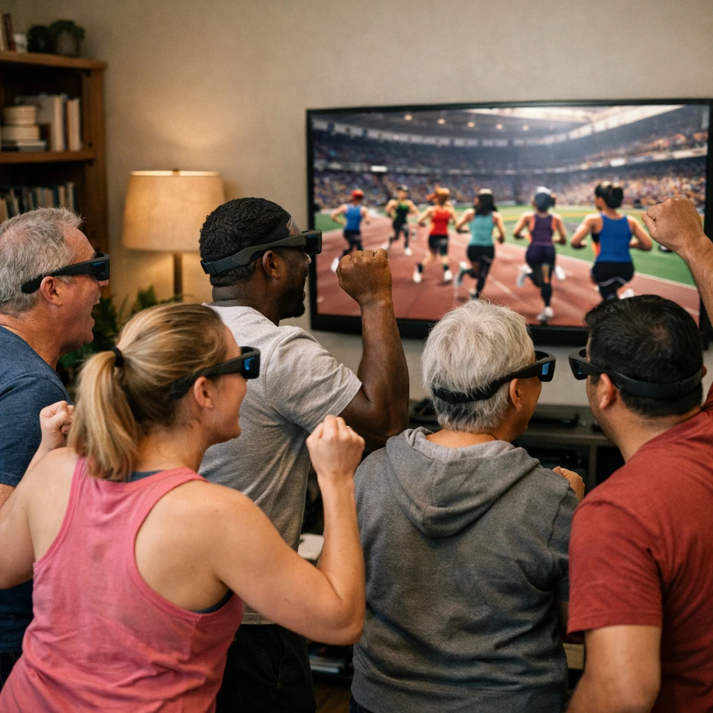 さまざまな年齢や国籍の人がスマートグラスを着け、リビングでバーチャルマラソンを応援している様子の写真です。