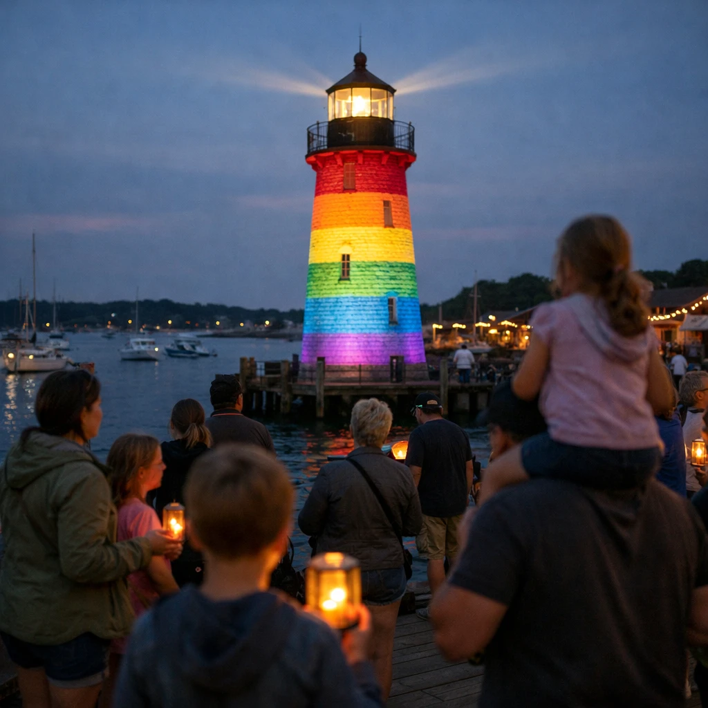 港町の夕暮れ、虹色にライトアップされた白い灯台を岸壁で家族や子どもたちが見上げている様子の写真。