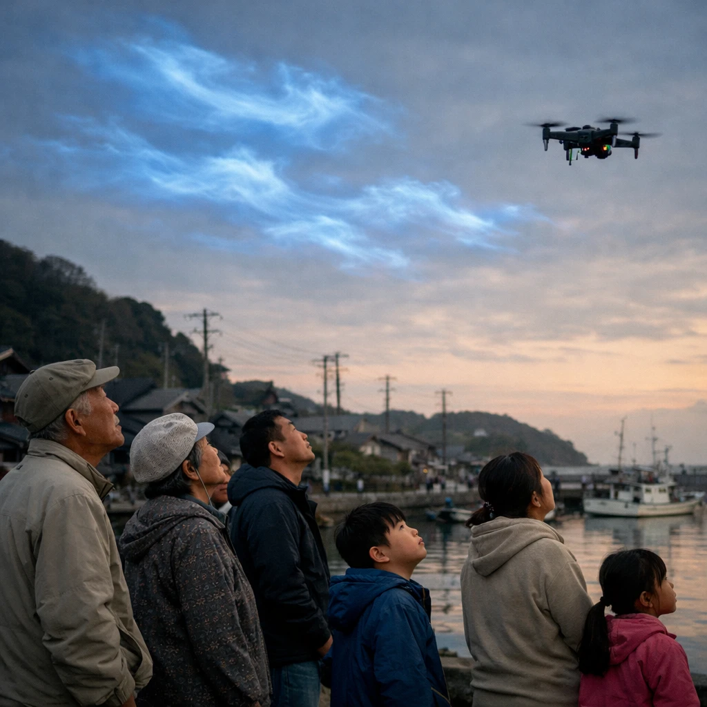 港町の人々が朝の港で空に浮かぶコバルトブルーの雲とドローンを見上げている様子の写真。