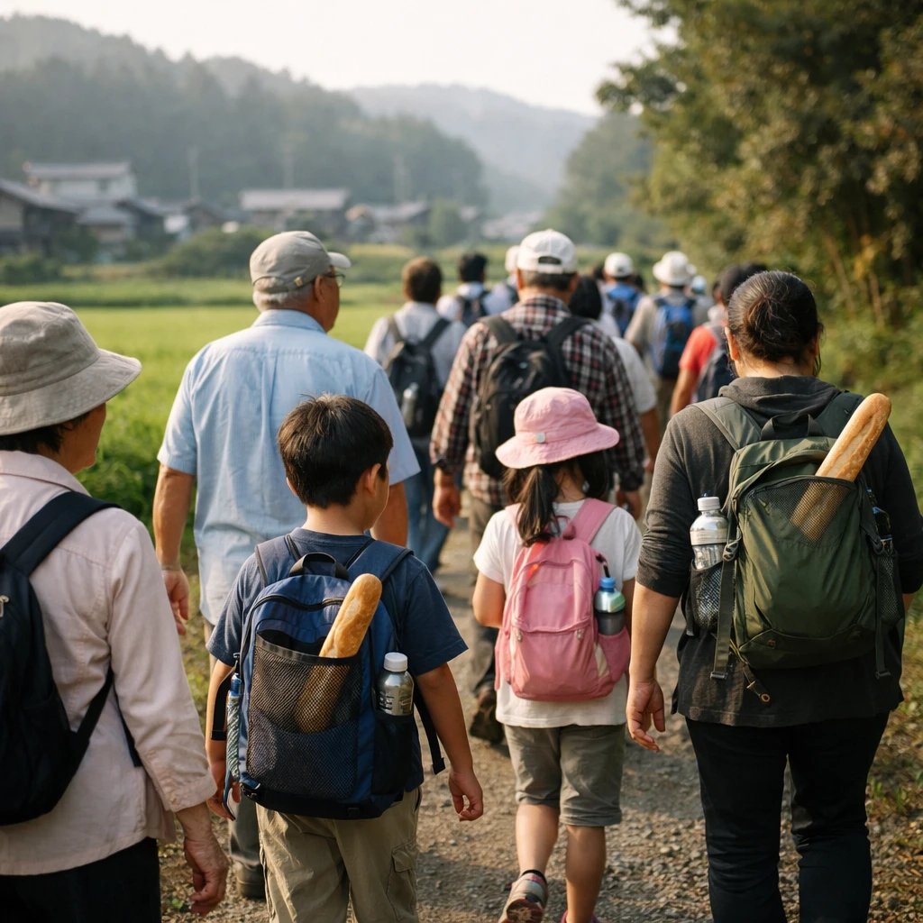 子どもから高齢者までが田園の小道をリュックとパンを持って連なって歩く朝のスナップ写真。