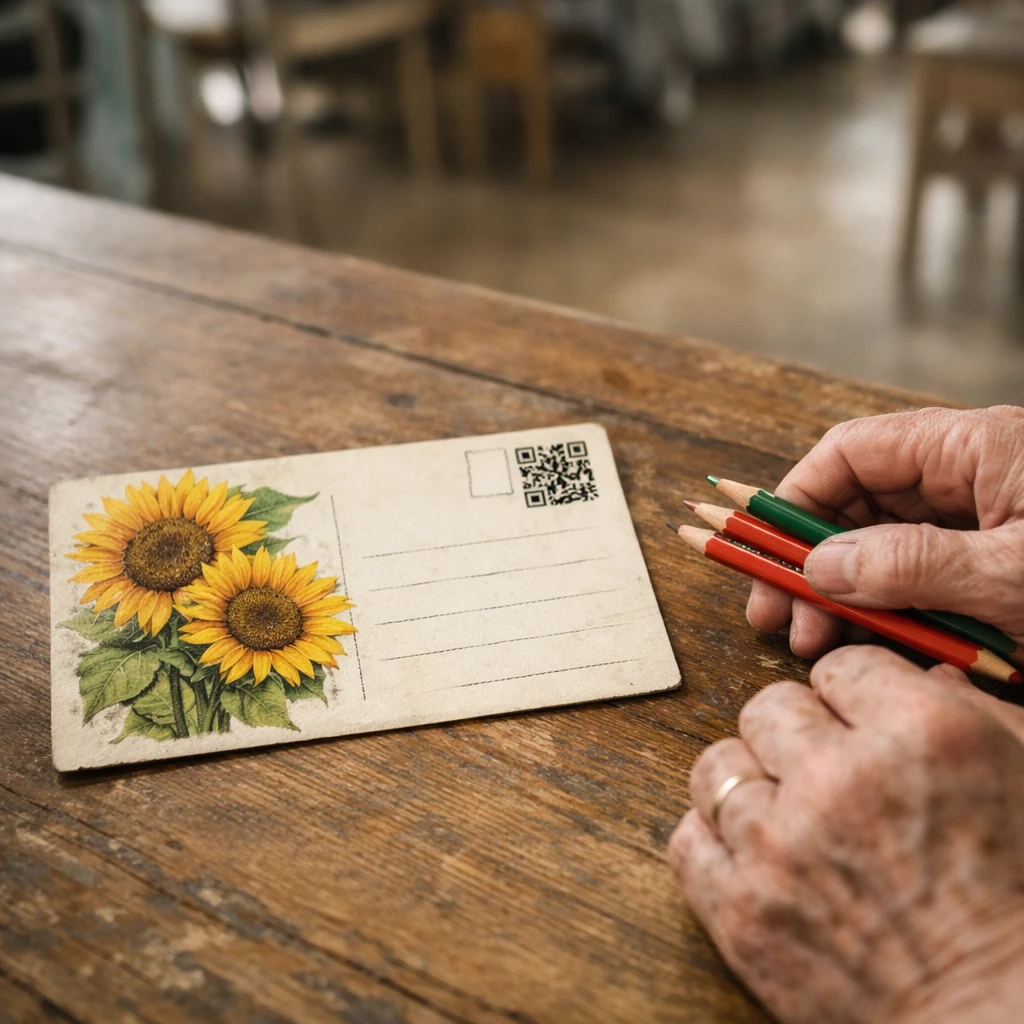 手書きの向日葵が描かれたハガキとカラフルな色鉛筆を持つ高齢者の手が、木のテーブルの上で自然光に照らされている様子。