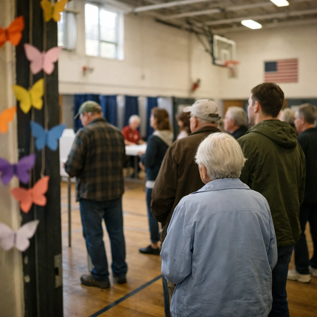小学校の体育館に設営された投票所入り口近くで、色とりどりの折り紙の蝶が飾られ、世代を超えた人々が行列に並んでいる様子。