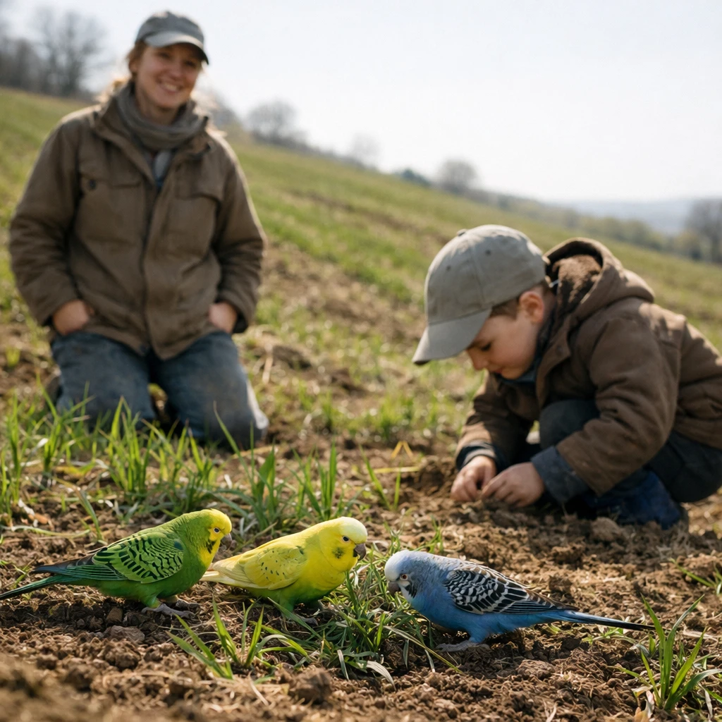 春の大麦畑で女性と子どもがインコとミミズを観察している様子の写真。