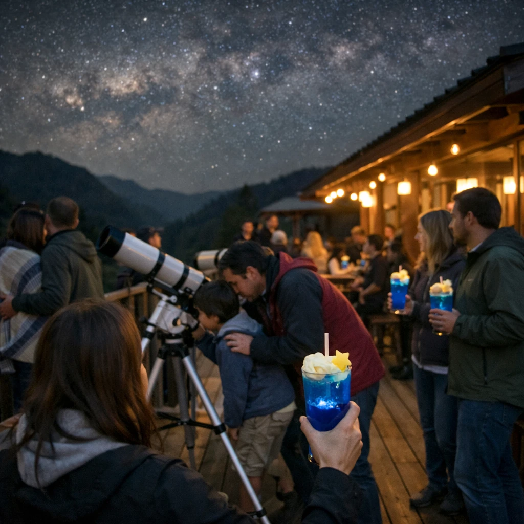 山あいの夜のカフェデッキで、望遠鏡と銀河フロートを手に星空を見上げる人々の様子。