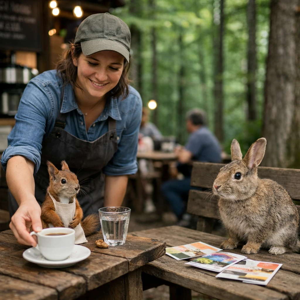 森のカフェのテラスで女性スタッフがコーヒーを運び、エプロン姿のリスとチラシを持つウサギがそばにいる様子。