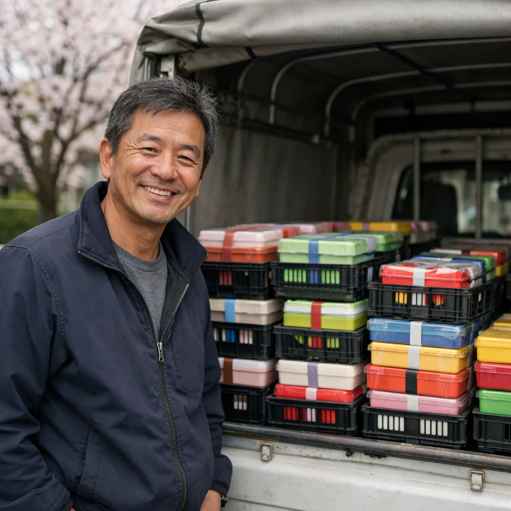 カラフルな弁当箱が積まれたトラックの荷台のそばで中年男性が穏やかにほほ笑んでいる春らしい光景。