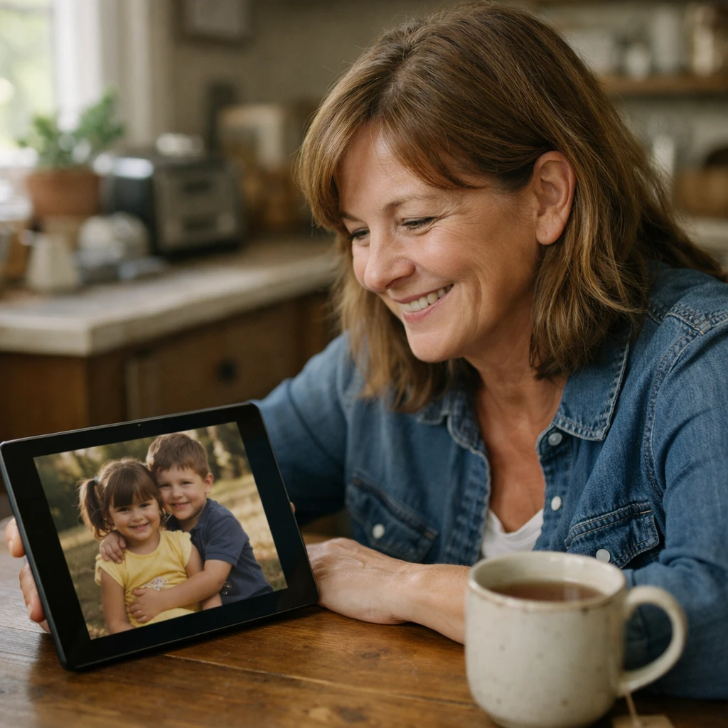 キッチンテーブルでタブレットを見ながら微笑む中年女性と、そこに映る昔の写真。