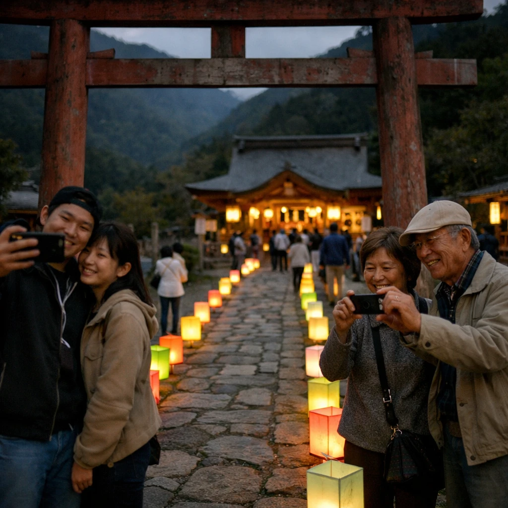 夕暮れ時、カラフルな手作り和紙ランタンが並ぶ山間の神社参道で、さまざまな年代の人々が写真撮影や交流を楽しむ様子。