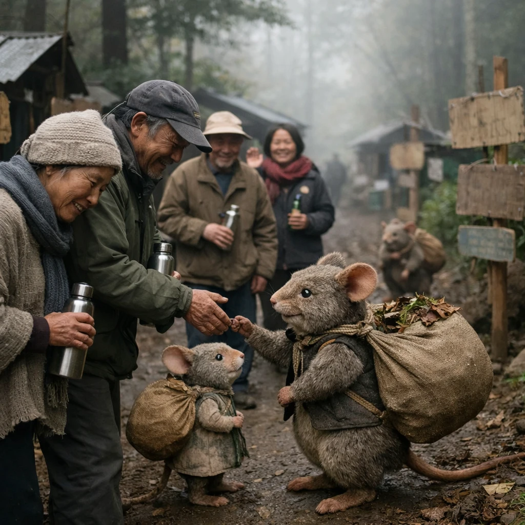 朝霧の立ちこめる森の小道で、村人と森鼠たちが笑顔で挨拶を交わす様子の実写風写真。