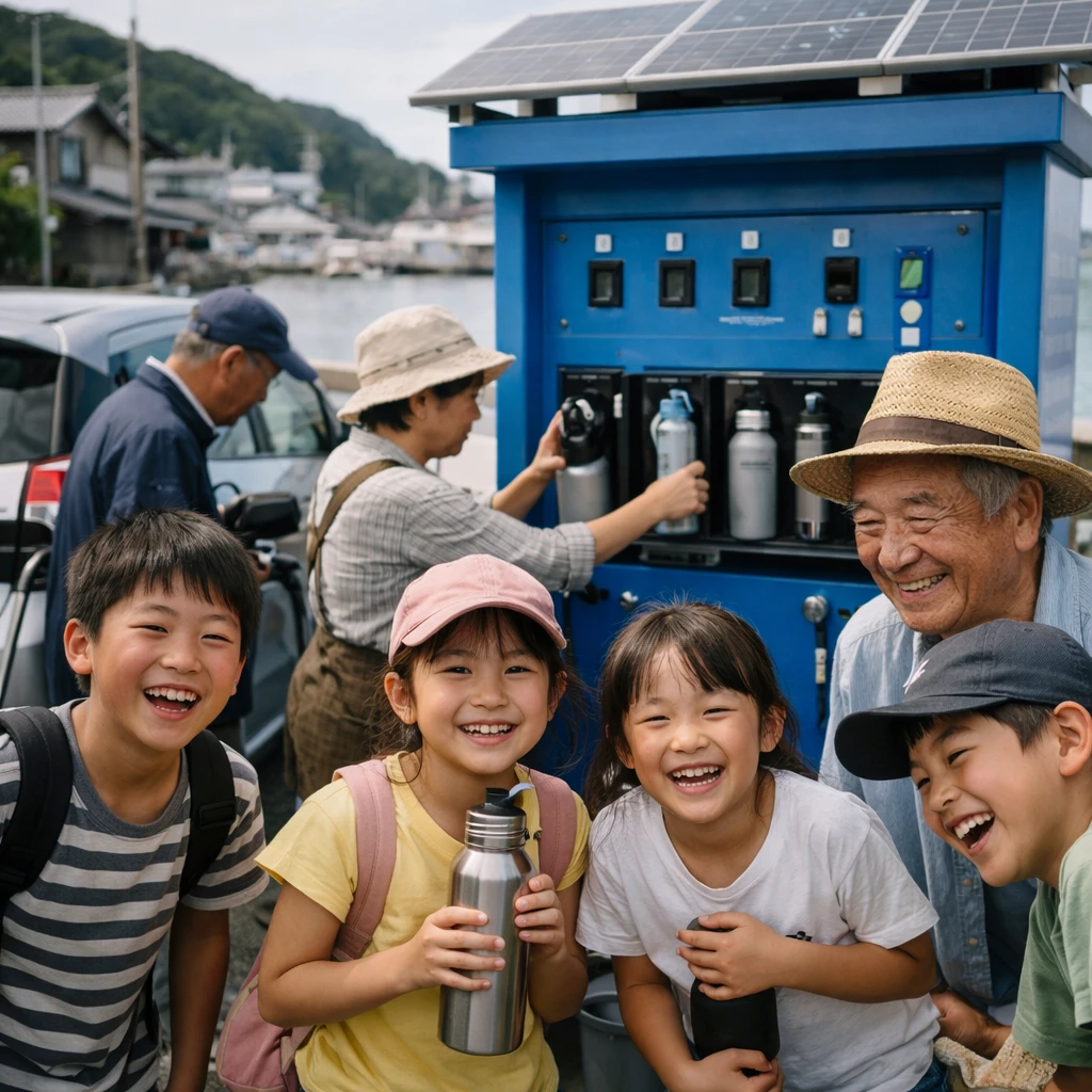 港町の青空の下、子どもや住民たちがエネルギーシェア用のタンクのまわりに集まり、再利用ボトルや電気自動車が見える様子。