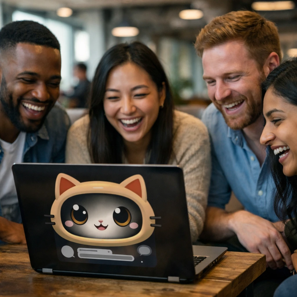 オフィスのラウンジで社員たちがノートパソコンに表示された猫型AIチャット画面を見ながらほほえんでいる様子の写真。