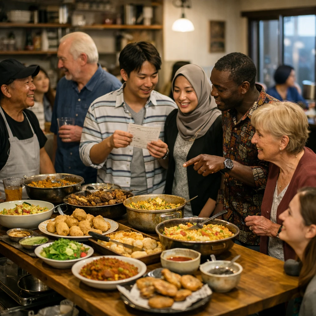 神戸のコミュニティ食堂で多国籍の人々が手作り料理と共にカウンターを囲み、笑顔で会話する様子の写真。