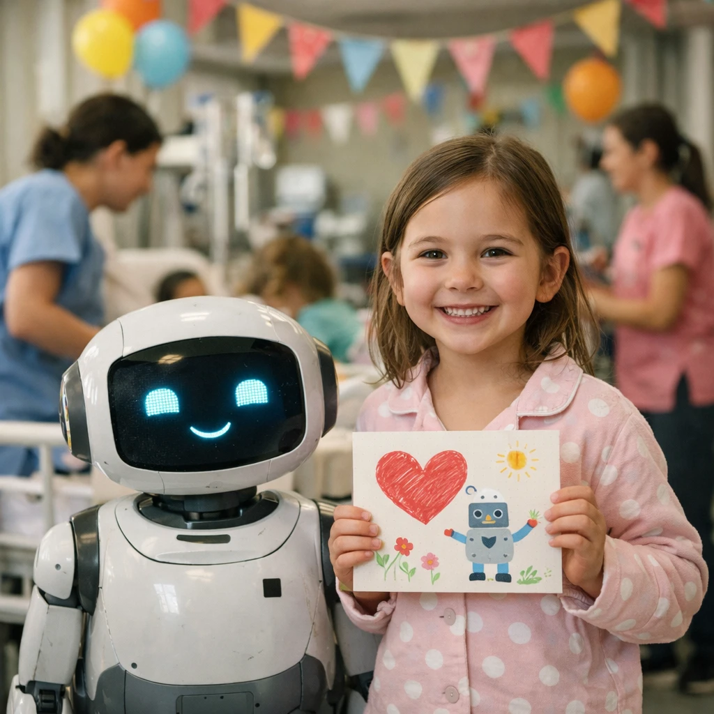 小児病棟で笑顔の女の子が手作りのメッセージカードとロボットを持ち、看護師や装飾に囲まれている様子の写真。