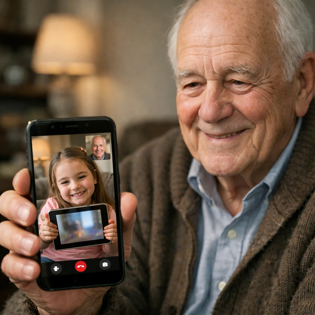 祖父が自宅でスマートフォン越しに孫とビデオ通話し、画面の中で孫がタブレットを持って微笑んでいる様子の写真。