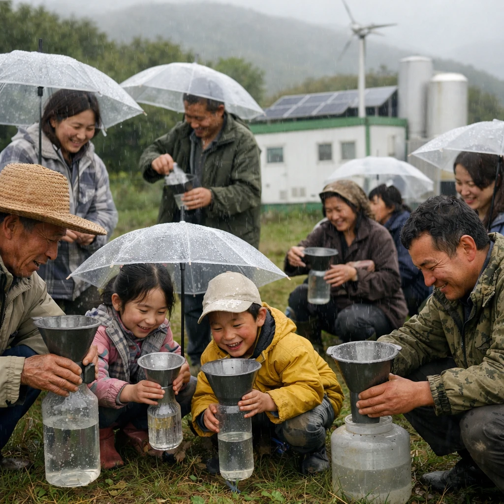 小さな発電所の横で透明な傘や装置を持つ村人たちが雨を集めている様子の実写風写真