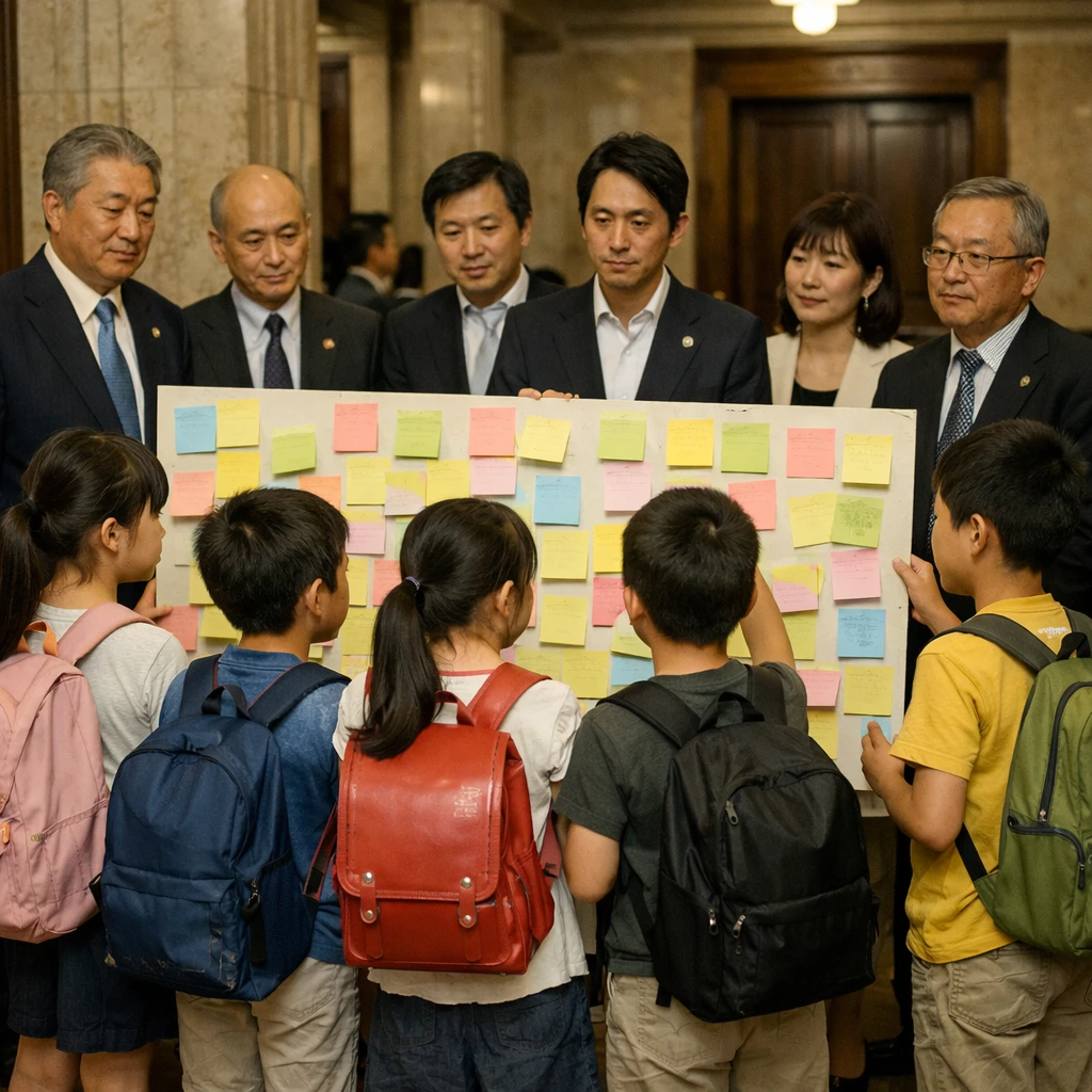 国会議事堂の廊下でカラフルなランドセルを背負った小学生たちが虹色の付箋が並んだ大型掲示ボードを議員たちに披露している様子。