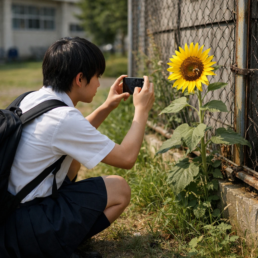 日本の高校の校庭の隅で制服姿の生徒が一輪のひまわりをスマートフォンで撮影している様子。