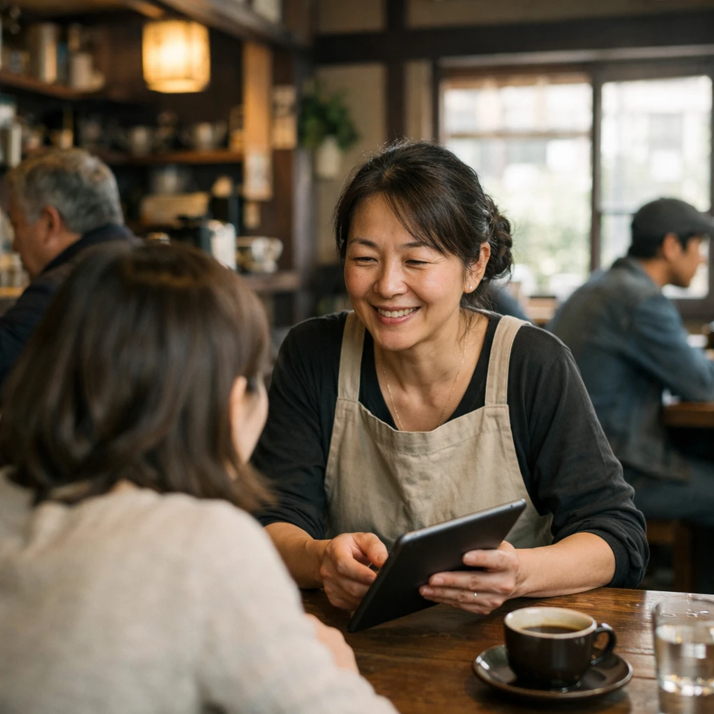 朝のやわらかな光が差し込む喫茶店で、店主がタブレットを持って若い女性客にほほえみかけている様子。